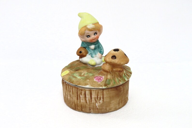 vintage Homco snuisterijschotel, pixie/elf paddestoeldeksel, keramiek, collectible, sprookjestuin, woondecoratie, ringschotel afbeelding 1