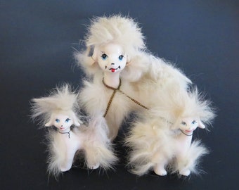 Ceramic Poodle Figurines, mother poodle & 2 puppies, long haired white poodles, Japan 1950s, marked Adriane, collectible dog figurines