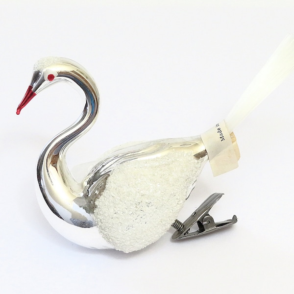 vintage clip-on glass swan ornament Czechoslovakia, NOS, silver white mica spun glass tail, hand crafted, Christmas ornament, swans