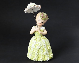 RARE vintage girl figurine with umbrella, ceramic, light chartreuse color, mid century figurines, dress with daisies, # 6241B, collectibles