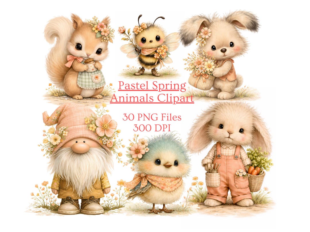 Bitmap Spring Animals Pastel Spring Animals Clipart – Gingham Bunny, Squirrel, Bee, Bird ...