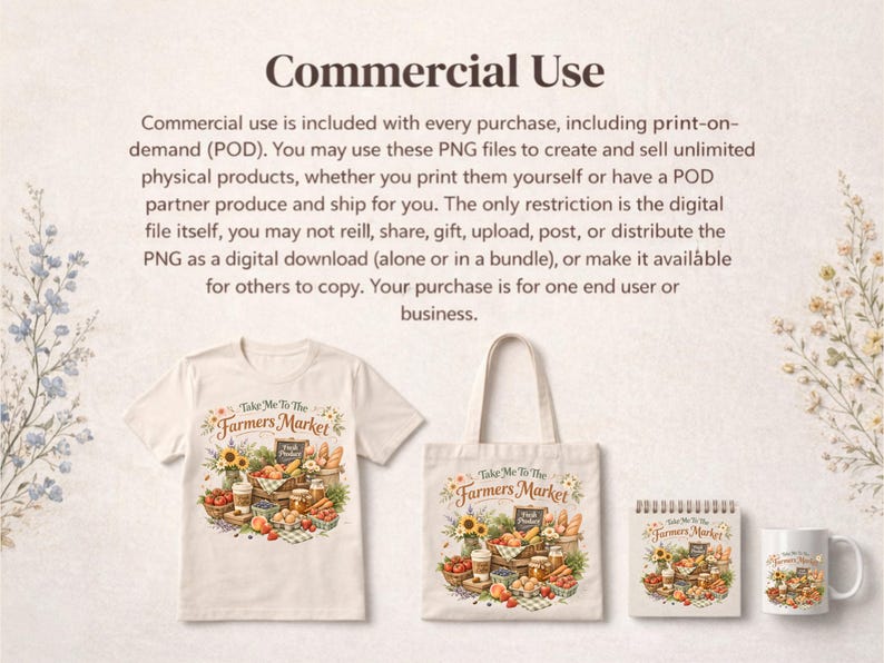 May include: A collection of products featuring a "Take Me To The Farmers Market" design. Includes a cream-colored t-shirt, a tote bag, a spiral-bound notepad, and a white mug. The design showcases a farmers market scene with produce and sunflowers.