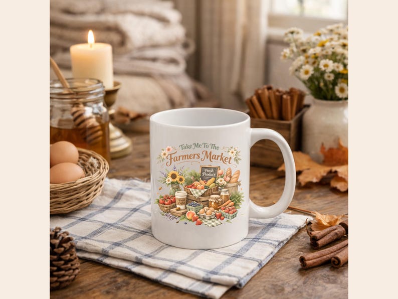 May include: White ceramic mug with a farmer's market design. The mug features a colorful illustration of fresh produce, bread, and sunflowers, with the text "Take Me To The Farmers Market". The mug is on a checkered cloth.