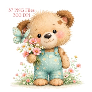 May include: A watercolor illustration of a teddy bear wearing blue overalls and holding a bouquet of flowers and a butterfly. The image includes the text "37 PNG Files 300 DPI". The bear has brown fur and rosy cheeks.