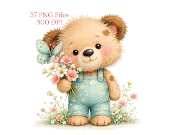 Floral Teddy Bear Clipart | 37 Spring Nursery PNGs (Commercial Use)