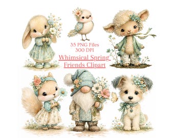 Whimsical Spring Friends Clipart – Pastel Animals, Flowers (Digital Download)