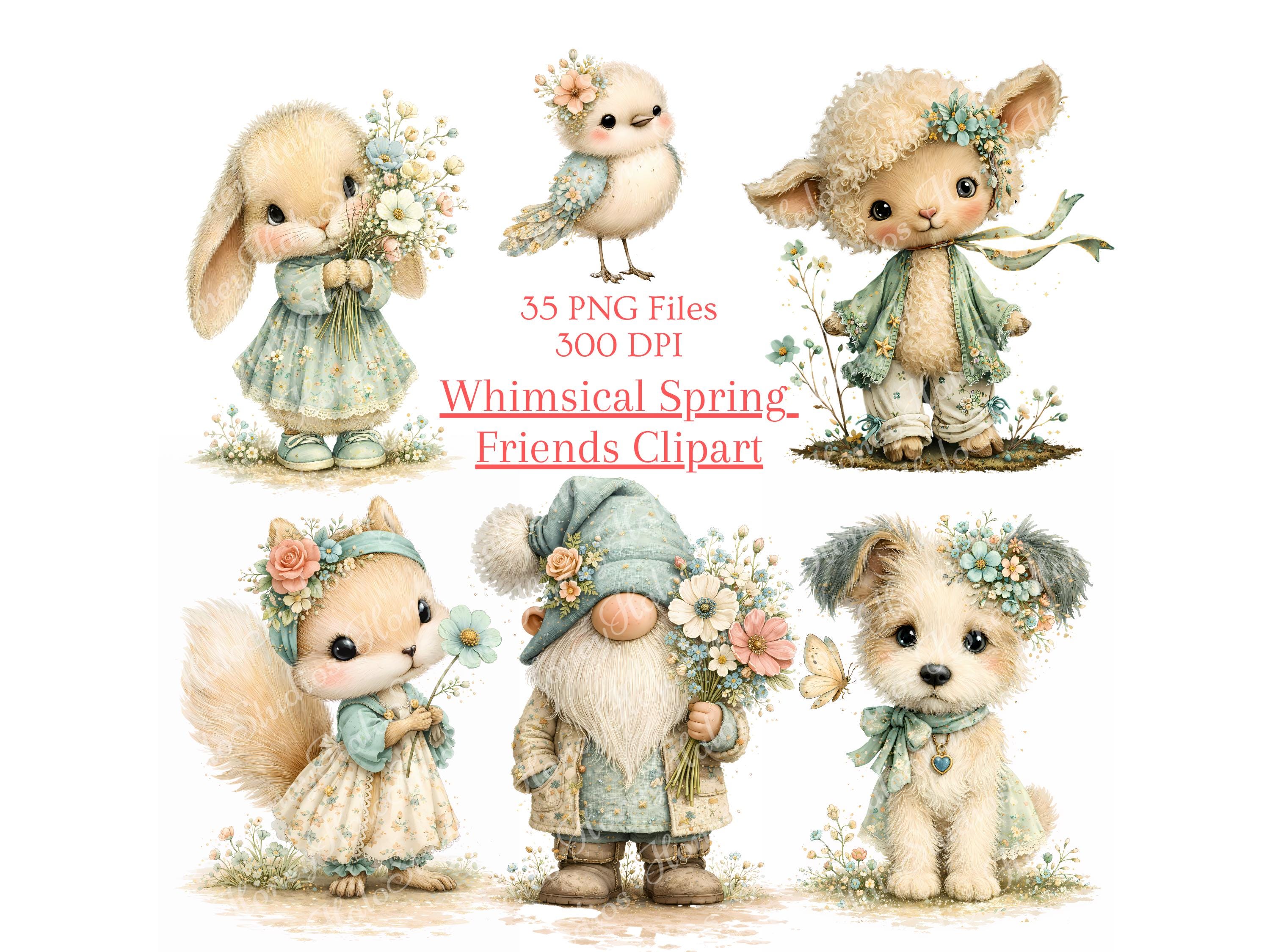 Whimsical Spring Friends Clipart – Pastel Animals, Flowers (digital ...