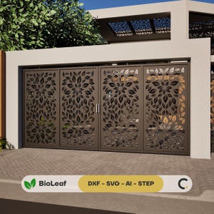May include: Brown metal gate with leaf pattern cutouts. The gate has four panels and double doors. The design includes the text "BioLeaf" and file type options: DXF, SVG, AI, and STEP.
