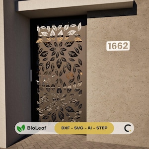 May include: A dark grey metal door featuring a leaf pattern. The door has a floral design cut into it. A white plaque displays the number "1662". The image also includes the text "BioLeaf" and "DXF - SVG - AI - STEP".