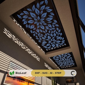 Op de afbeelding: Een modern interieur met een plafond met rechthoekige panelen. De panelen hebben een donkere achtergrond met een blauw bladerpatroon. De tekst "BioLeaf" en "DXF - SVG - AI - STEP" is ook zichtbaar.