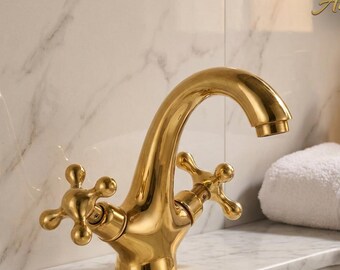 Unlacquered Brass Bathroom Faucet | Single Hole Cross Handle Vanity Sink Tap