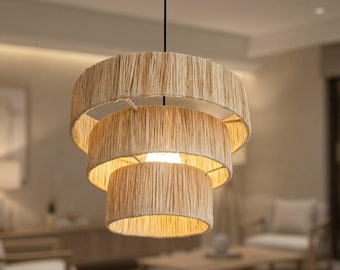 Ręcznie robiona lampa wisząca z rafii – marokański klosz boho
