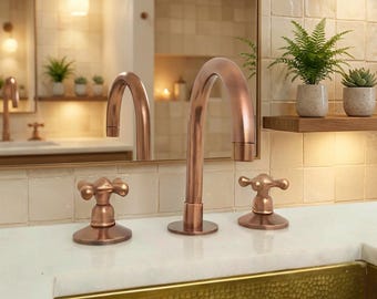 Unlacquered Brass Widespread Bathroom Faucet – 3 Hole Solid Brass Sink Tap