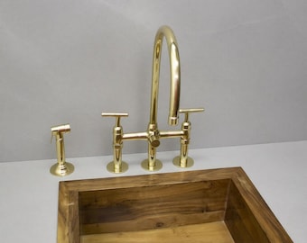 Unlacquered Brass Kitchen Faucet – Bridge Sprayer Set Gooseneck Tap