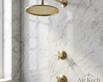 Zestaw prysznicowy z mosiądzu nielakierowanego – głowica prysznicowa z dwoma uchwytami