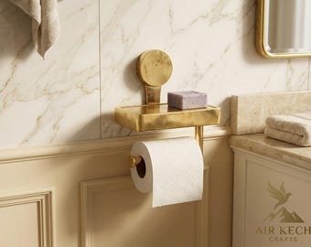 Mosiężny uchwyt na papier toaletowy z półką – ręcznie robiony stojak na telefon