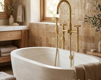 Nielakierowana mosiężna bateria wolnostojąca do wanny – bateria podłogowa z prysznicem ręcznym