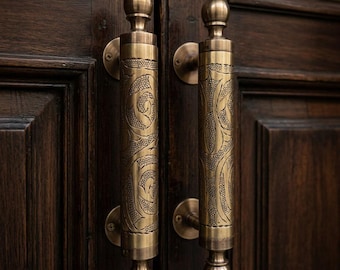 Engraved Brass Door Pull Handles – Antique Moroccan Patina Solid Pulls