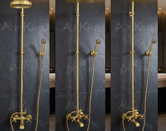 Antyczny mosiężny system prysznicowy – nielakierowana główka baterii wannowej z odsłoniętą rączką