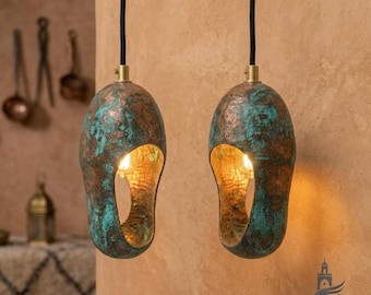 Juego de lámparas colgantes de cobre verdigris – Trío de lámparas hechas a mano con pátina verde