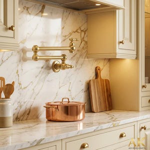 May include: A kitchen scene featuring a gold-toned pot filler faucet mounted on a marble backsplash. A copper pot with a lid sits on the countertop. Wooden cutting boards and cream-colored cabinets with gold hardware complete the kitchen design.