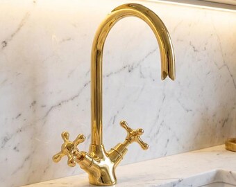 Solid Brass Bathroom Faucet – Unlacquered Vintage Gooseneck Basin Mixer
