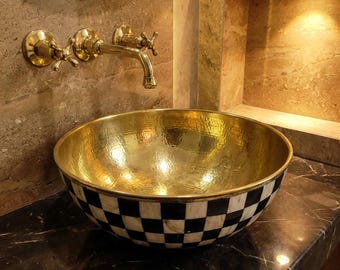 Umywalka nablatowa do łazienki – umywalka mosiężna w stylu marokańskim z intarsją z czarnej żywicy i kości