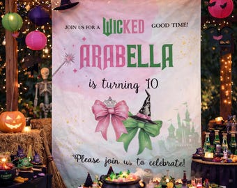 Wicked Birthday Backdrop, Pink and Green Witch Party Banner, Good Witch Bad Witch Theme Decor, Custom Girls Birthday Tapestry Party Sign