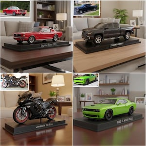 May include: A collection of model vehicles, including a red Mustang with "Legend Since 1975" text, a black pickup truck with "THOMAS 2025", a black motorcycle with "Jonatan's 1st Bike", and a green Dodge Challenger with "THIS IS HOW I ROLL".