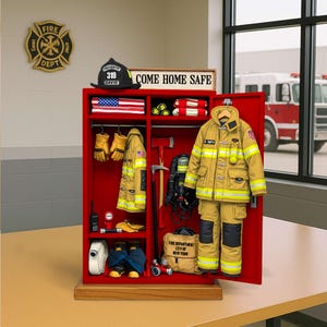 Puede incluir: Un casillero de bombero rojo en miniatura con un casco, chaqueta, pantalón, guantes y herramientas. El casillero tiene el texto "COME HOME SAFE" y "FIRE DEPARTMENT CITY OF NEW YORK". Un camión de bomberos es visible a través de una ventana.