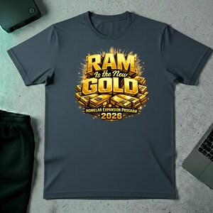 Può includere: T-shirt grigio scuro con grafica dorata che recita "RAM Is the New GOLD" sopra una pila di lingotti d'oro. Il testo "HOMELAB EXPANSION PROGRAM 2026" è in basso. La maglietta è girocollo e a maniche corte.