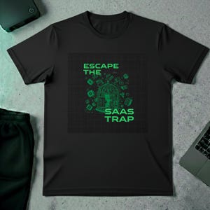 May include: Black t-shirt with a green graphic that reads "ESCAPE THE SAAS TRAP." The design features a cage with a person inside and various digital icons. The shirt is made of a soft material and has a classic crew neck.