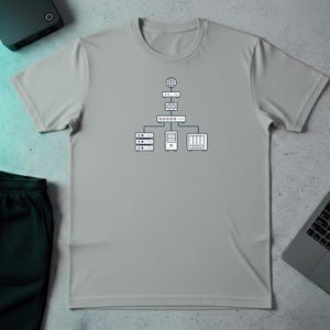Puede incluir: Camiseta gris claro con un diagrama de red blanco. El diagrama incluye un globo, un servidor, un cortafuegos y otros componentes de red. La camiseta es de cuello redondo.