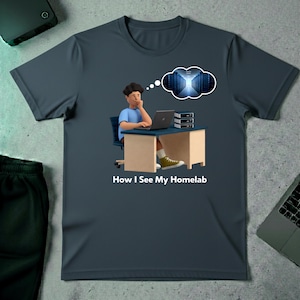 May include: Dark gray t-shirt with a graphic of a person at a desk with a laptop, dreaming of a server room. The text "How I See My Homelab" is printed below the graphic.