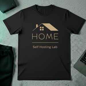 Puede incluir: Camiseta negra con un gráfico de casa dorada y la palabra "HOME" encima del texto "Self Hosting Lab". La camiseta está hecha de un material suave y es adecuada para uso casual.