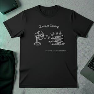 May include: Black t-shirt with a white graphic of a fan blowing air onto three stacked server units, with the text "Summer Cooling" and "HOMELAB COOLING PROGRAM".