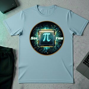 May include: A pale blue t-shirt with a circular design featuring a pi symbol within a computer chip graphic. The words "See You" are on either side. The shirt is made of a soft material.