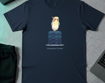 Homelab Server Cockatiel Funny Graphic Tee, Cute Bird Sysadmin T Shirt, IT Pro Nerd Tshirt, Network Admin Birthday Gift, Navy Blue Geek Top
