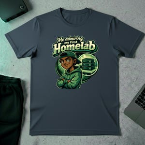 May include: Dark blue t-shirt with a cartoon illustration of a person in a green hoodie and cap, arms crossed. The text reads "Me admiring my first Homelab". The graphic also includes a stack of servers.