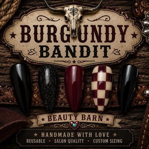 May include: A set of five almond-shaped press-on nails featuring a variety of finishes including solid black, black glitter, deep burgundy, and a burgundy and cream checkerboard pattern, displayed against a rustic wooden background with western-themed decor.