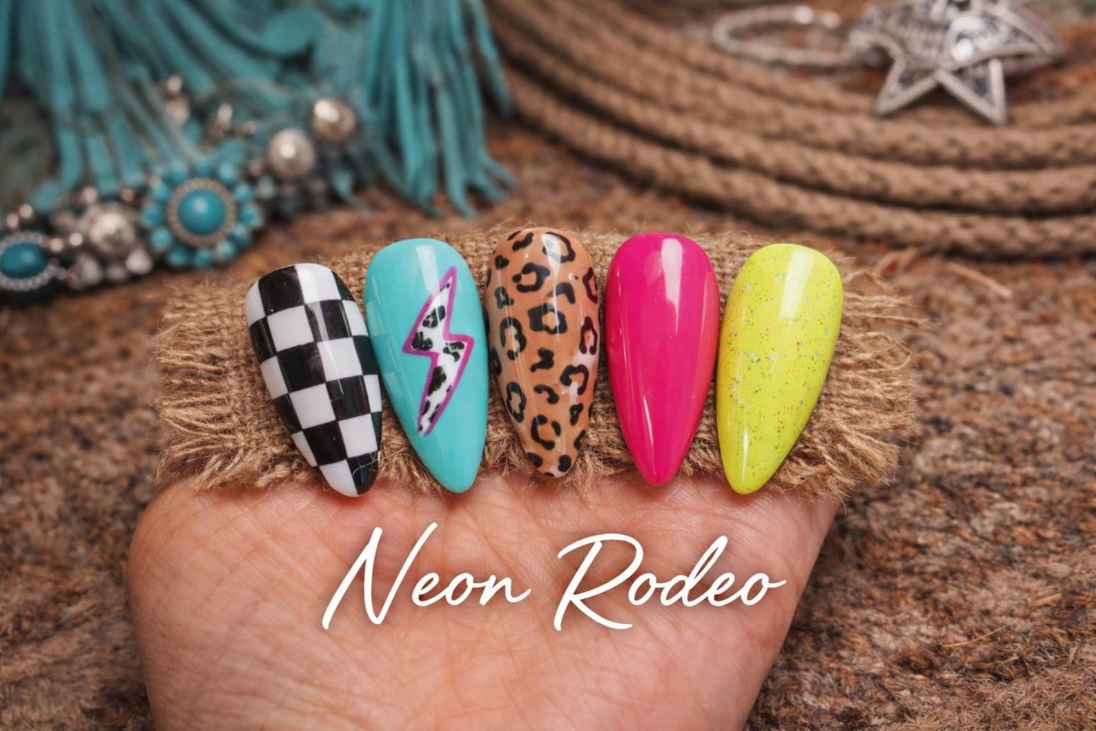Neon Rodeo Press on Nails | Western Checkered Leopard Mix Summer ...