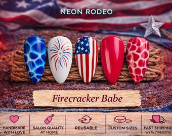 Uñas postizas Firecracker Babe / Bandera estadounidense patriótica, estilo western veraniego (reutilizables)