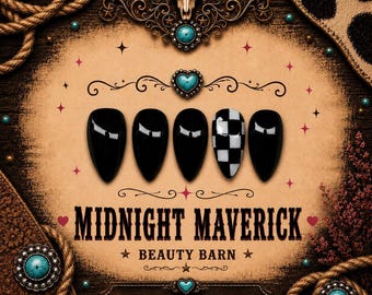 May include: A set of five black and white press-on nails with a western theme. Four nails are solid black with a white accent, and one is a black and white checkerboard pattern. The text "MIDNIGHT MAVERICK BEAUTY BARN" is displayed.