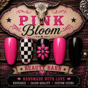 May include: Five press-on nails featuring pink and black designs, including a checkered pattern and a floral stud accent. The display includes a sign with a bull skull graphic, the text Pink Bloom, Beauty Barn, and Handmade With Love.
