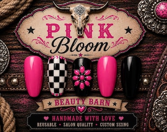 May include: Five press-on nails featuring pink and black designs, including a checkered pattern and a floral stud accent. The display includes a sign with a bull skull graphic, the text Pink Bloom, Beauty Barn, and Handmade With Love.