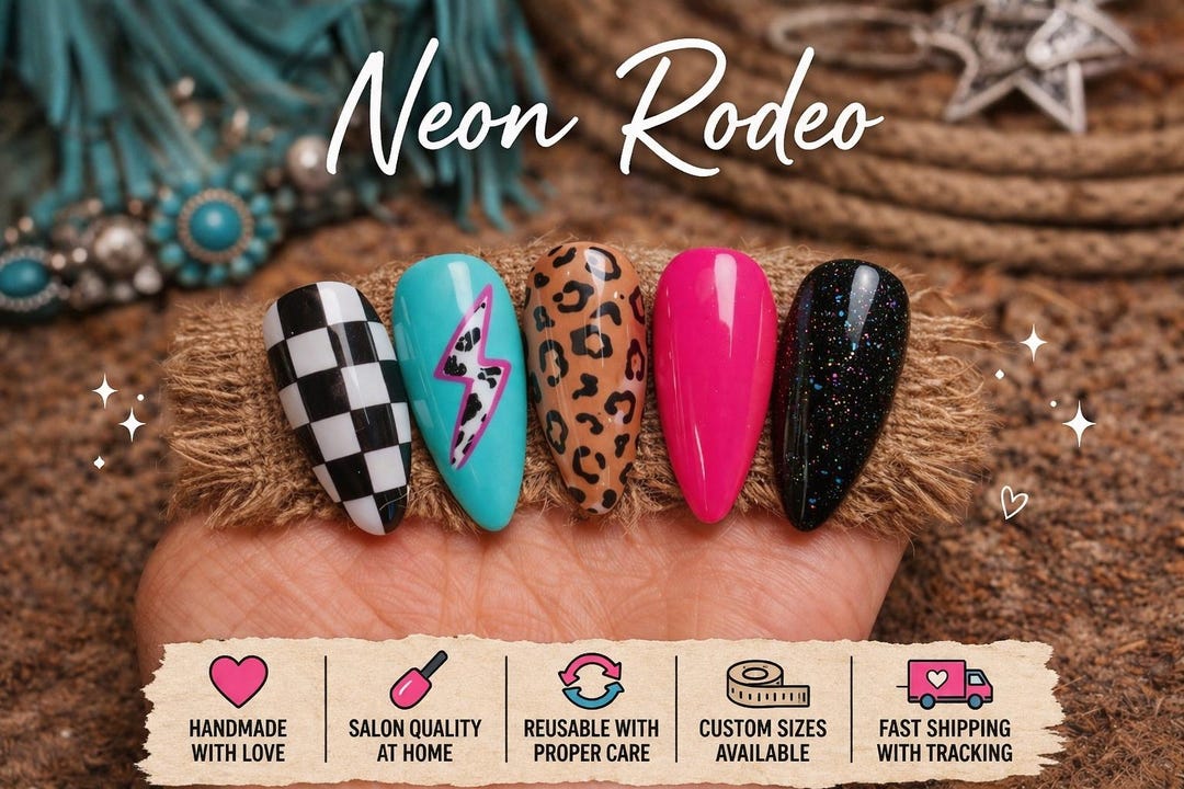 Pink Rodeo Nails Neon Rodeo Press on Nails | Western Checkered Leopard Mix Summer ...