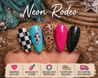 Uñas postizas Neon Rodeo / Mezcla de cuadros y leopardo estilo vaquera veraniega