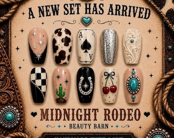 Presse sur les ongles Midnight Rodeo | Ongles Western Glam | Bandes dessinées pour cow-girl | Ongles western turquoise | Ongles de luxe faits main