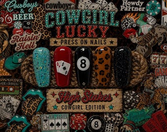 May include: A collage showcasing press-on nails with a cowgirl theme. The nails feature designs like glitter, playing cards, an eight ball, and leopard print. The text "COWGIRL LUCKY PRESS ON NAILS" is displayed.