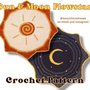 May include: Two crocheted sun and moon designs. The sun is cream, orange, and yellow, with a spiral centre and radiating lines. The moon is navy blue and yellow, with a crescent moon and star accents. Text reads "Sun & Moon Flowstar" and "Crochet Pattern".